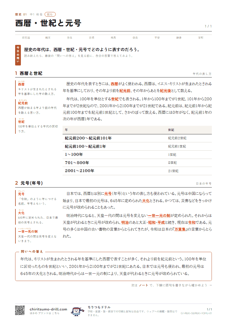 西暦・世紀と元号 読むの見本