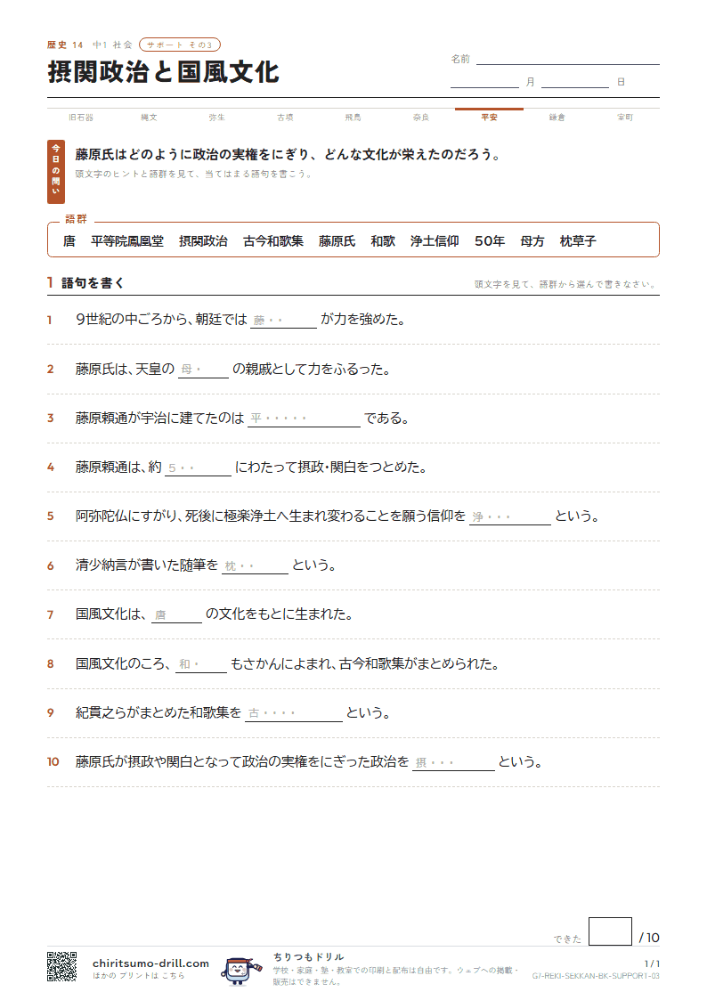 摂関政治と国風文化 サポート その3の見本