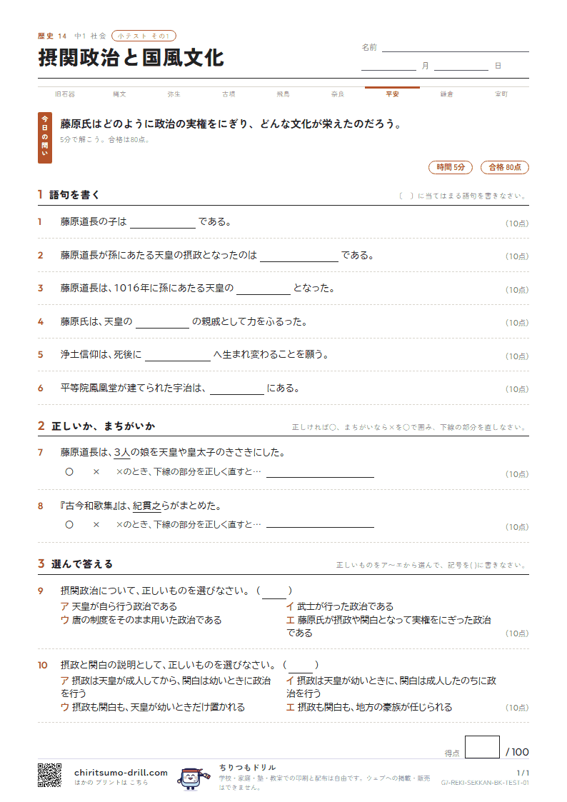 摂関政治と国風文化 小テスト その1の見本