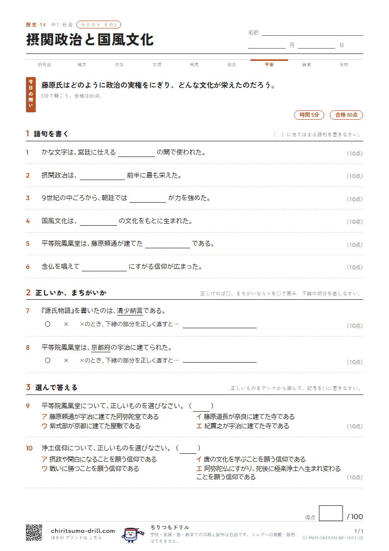 摂関政治と国風文化 小テスト その2の見本
