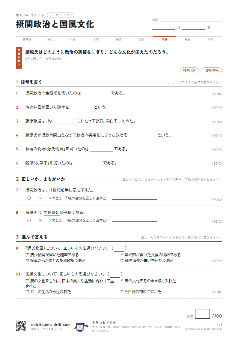 摂関政治と国風文化 小テスト その3の見本