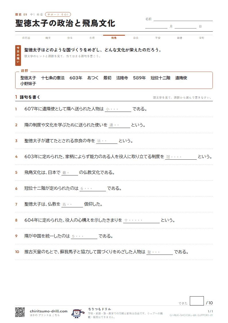 聖徳太子の政治と飛鳥文化 サポート その1の見本