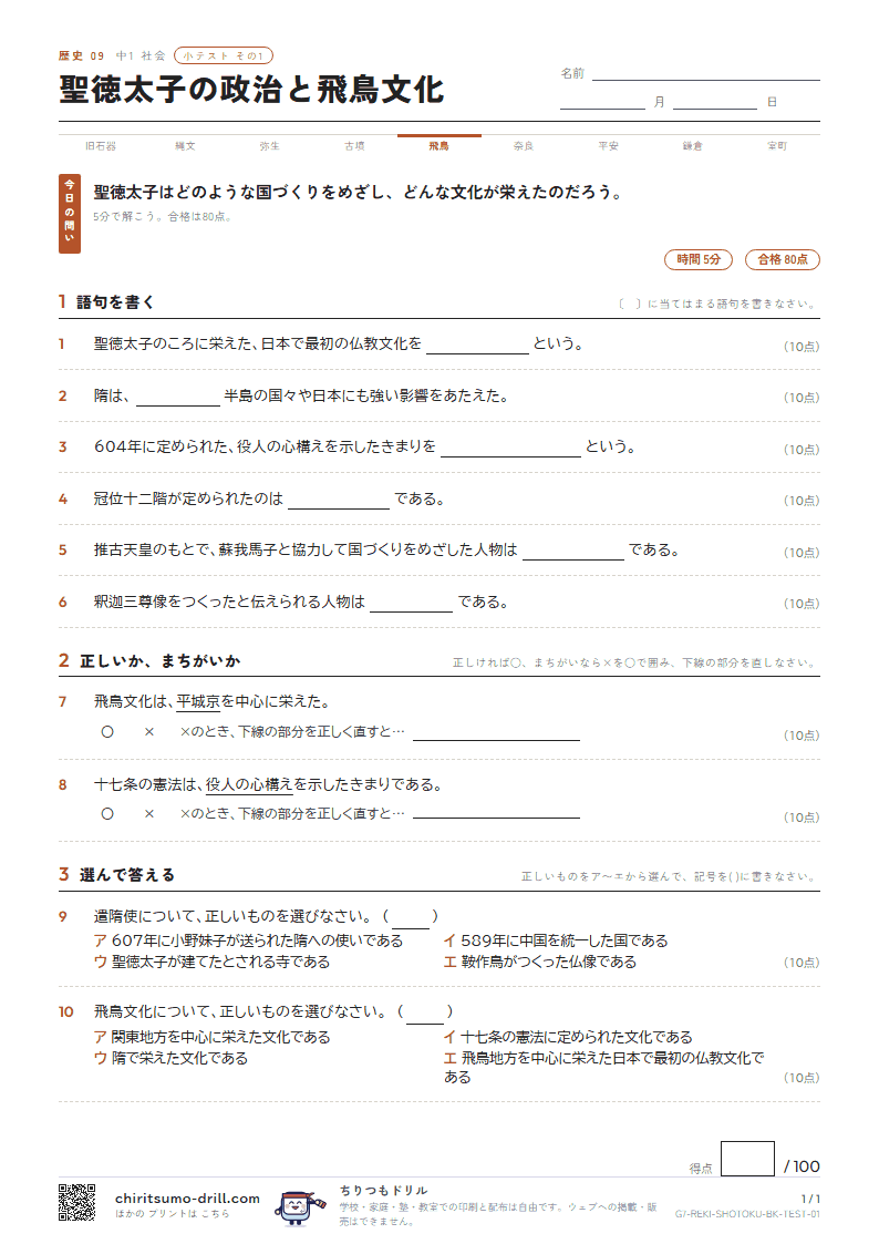 聖徳太子の政治と飛鳥文化 小テスト その1の見本