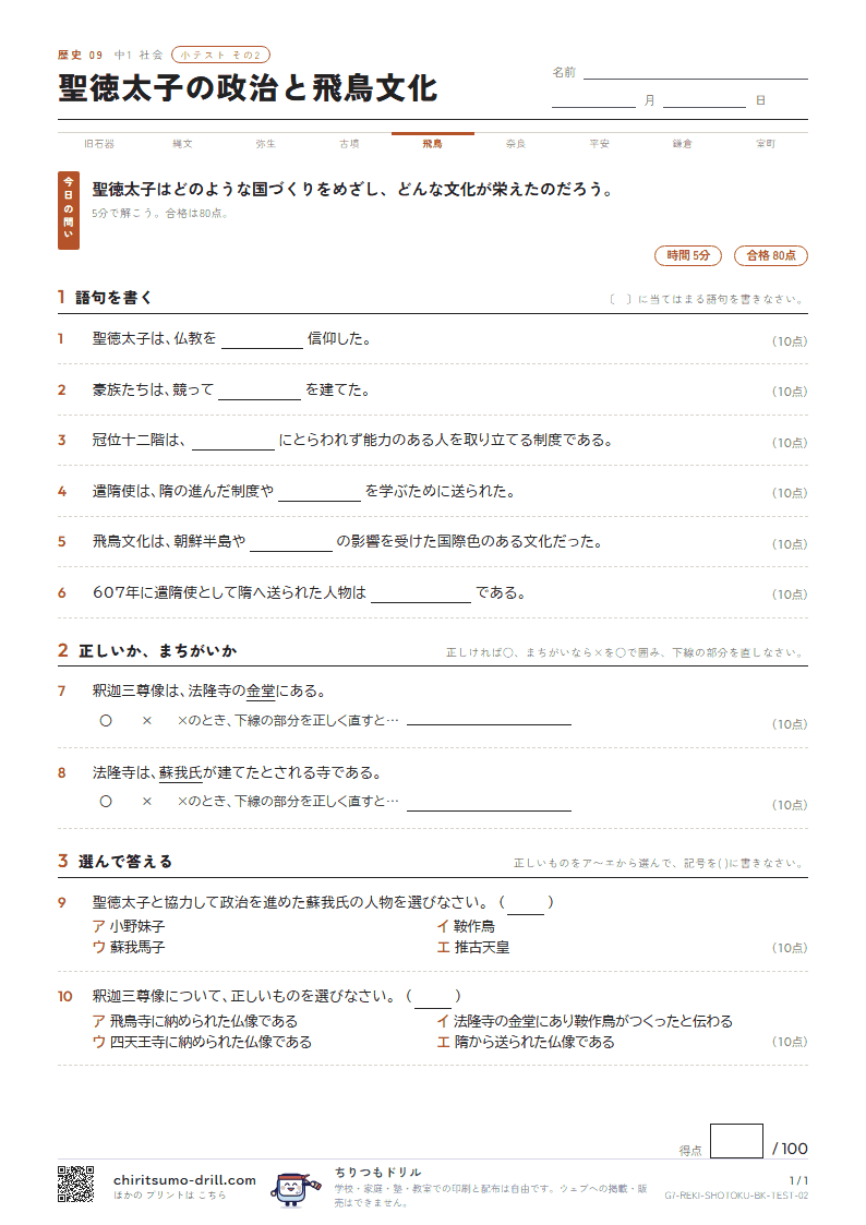 聖徳太子の政治と飛鳥文化 小テスト その2の見本