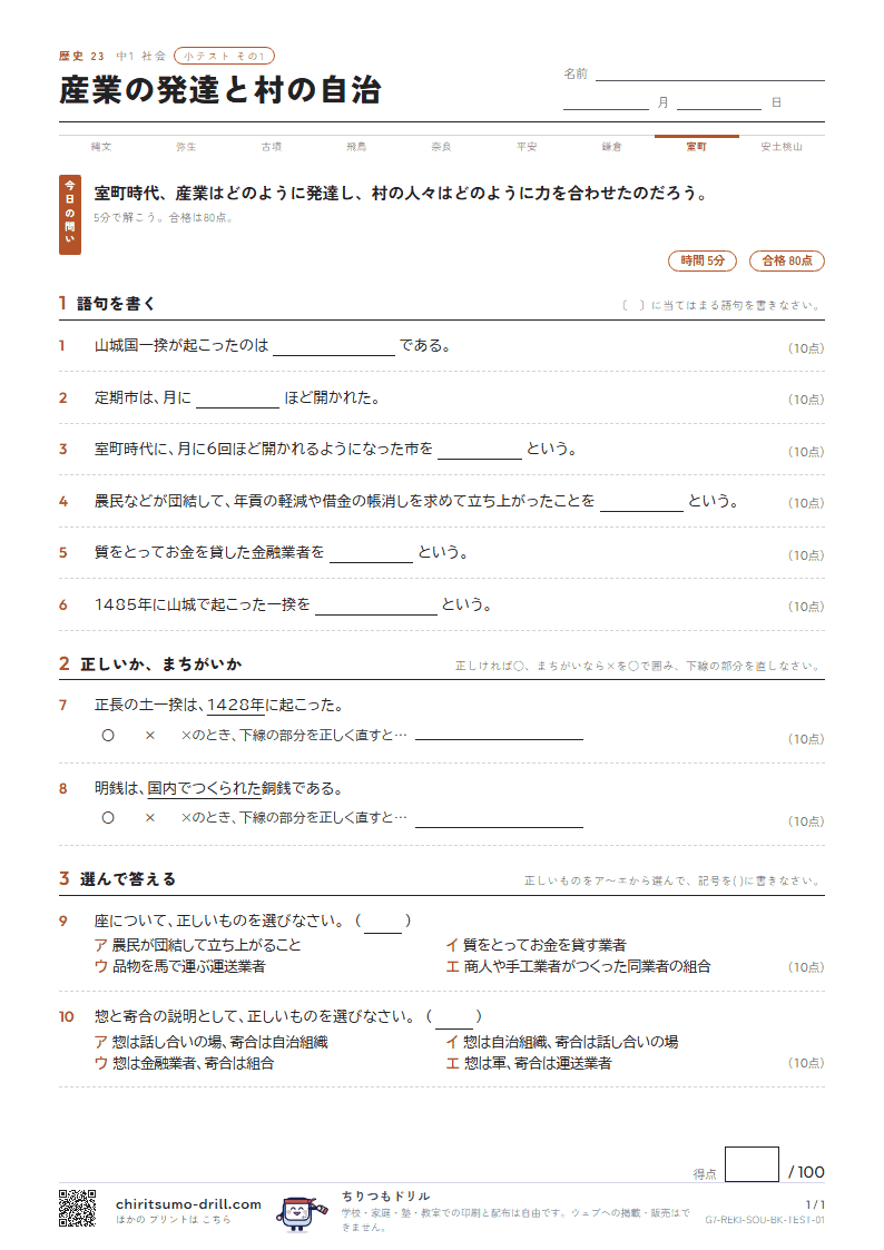 産業の発達と村の自治 小テスト その1の見本