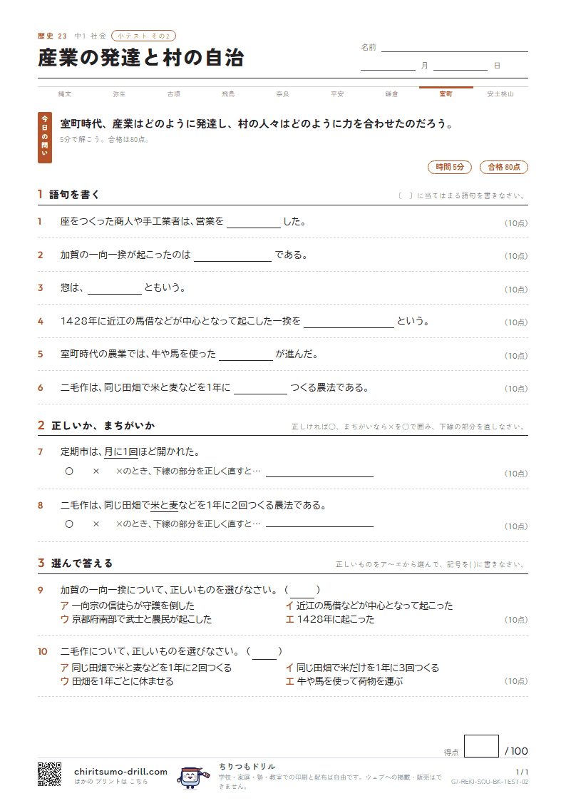 産業の発達と村の自治 小テスト その2の見本