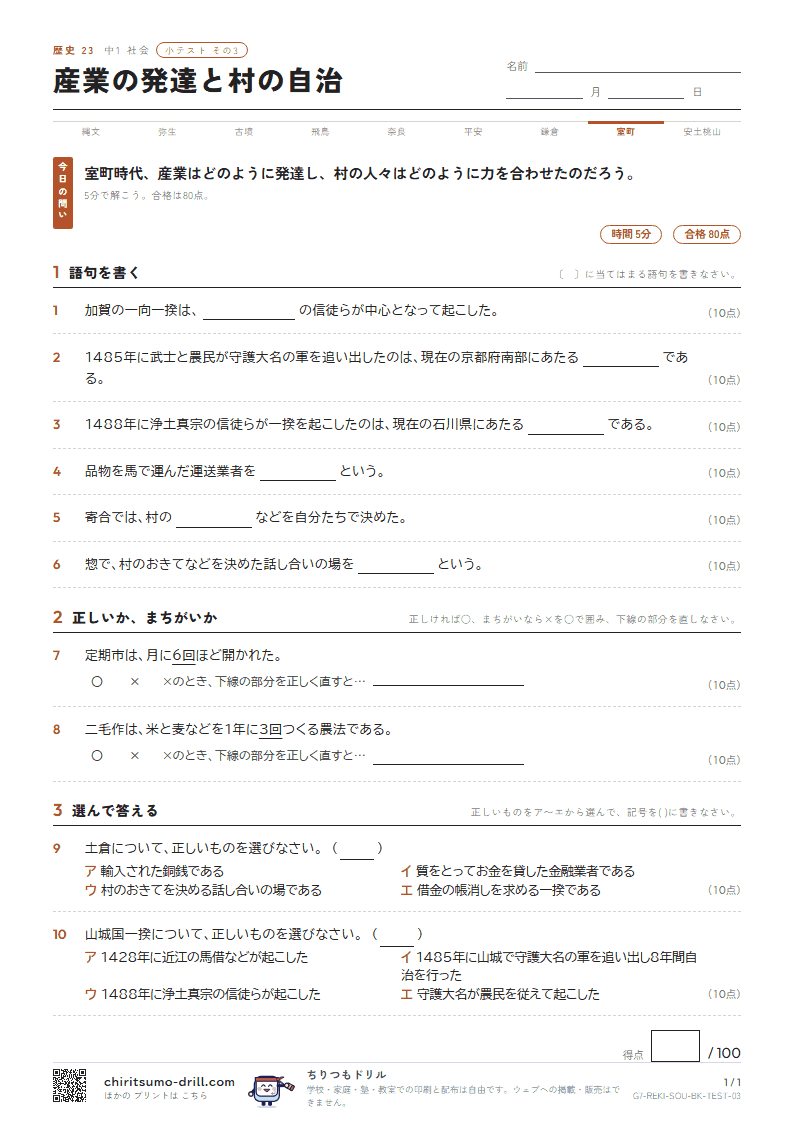 産業の発達と村の自治 小テスト その3の見本