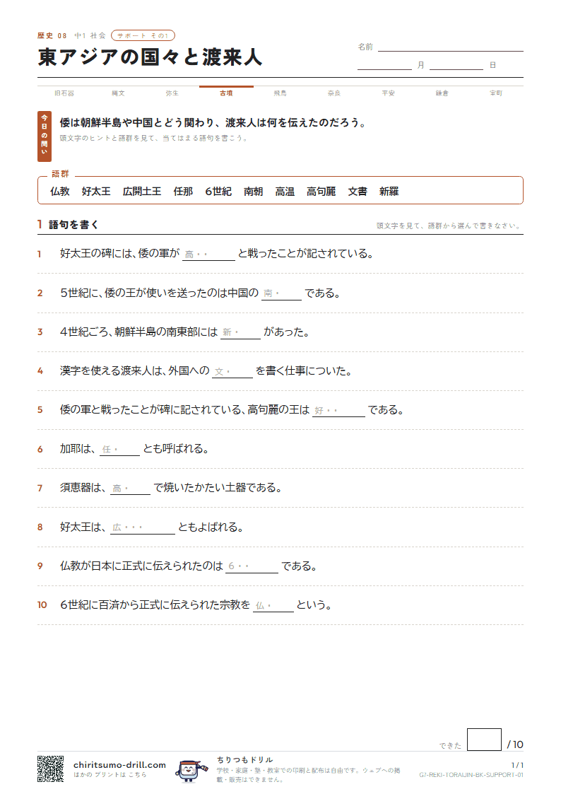 東アジアの国々と渡来人 サポート その1の見本