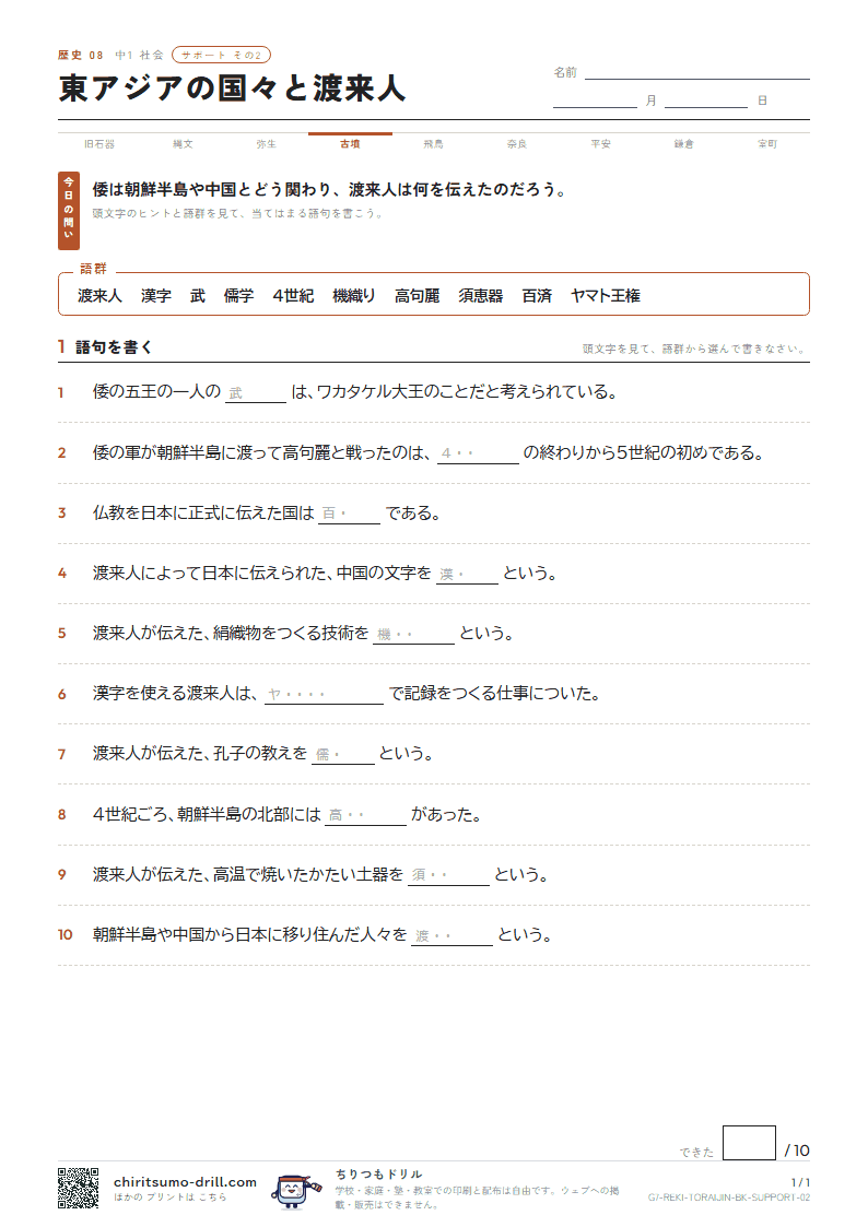 東アジアの国々と渡来人 サポート その2の見本