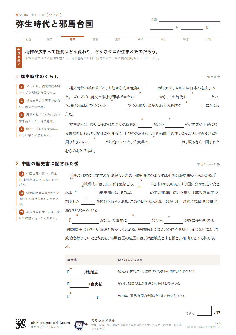 suikamame　青山前期＋青山後期＋年長復習プリント 弥生時代と邪馬台国 穴埋め 中1 社会 無料プリント(答えつき) | ちり