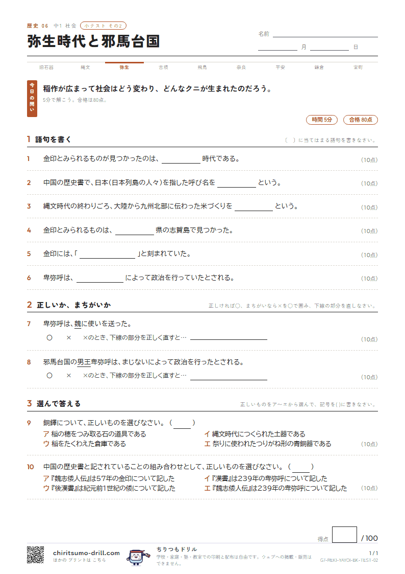 弥生時代と邪馬台国 小テスト その2の見本