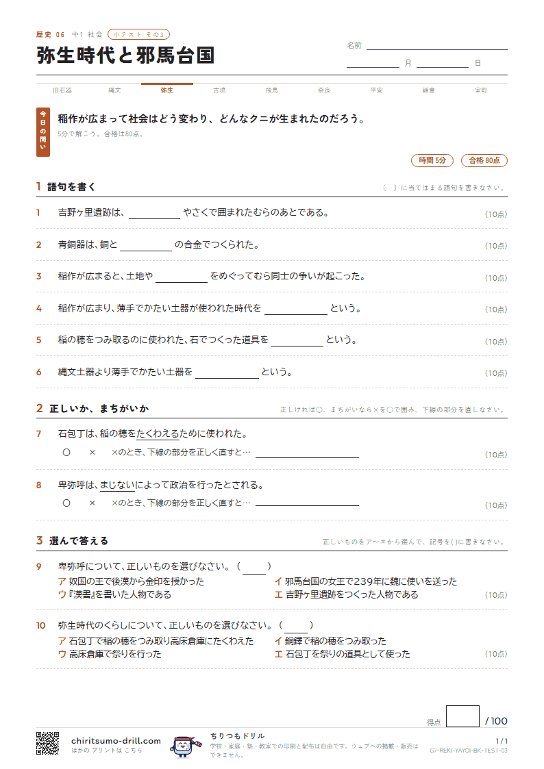 弥生時代と邪馬台国 小テスト その3の見本