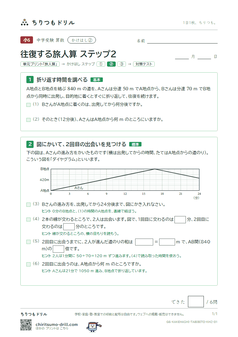 かけはし 往復する旅人算(ステップ2)の見本
