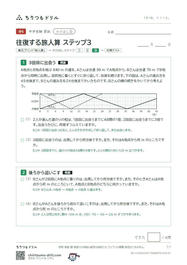 かけはし 往復する旅人算(ステップ3)の見本