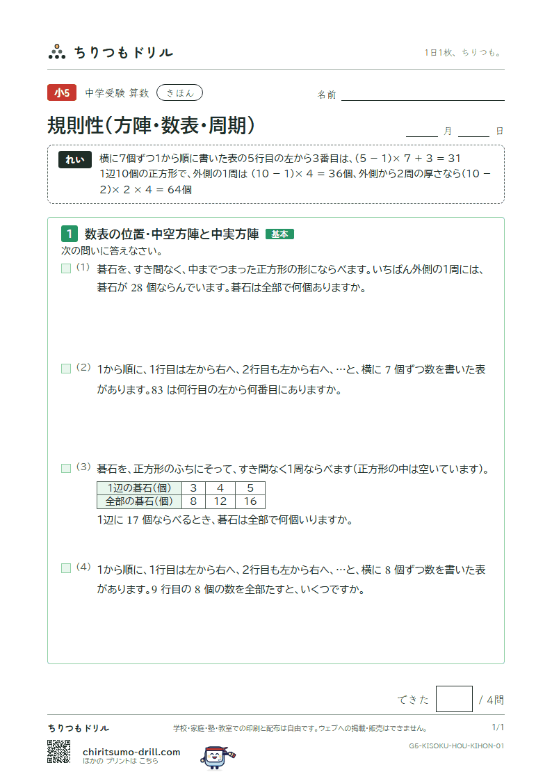 規則性(方陣・数表・周期) きほん その1の見本