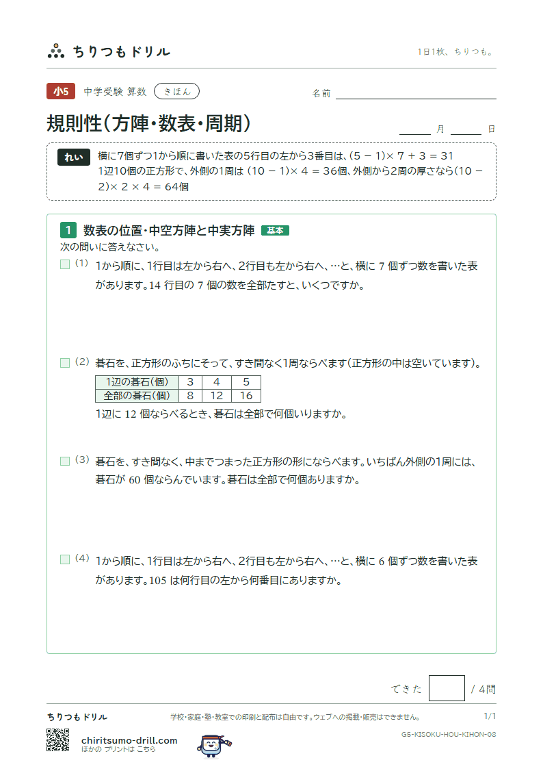 規則性(方陣・数表・周期) きほん その8の見本