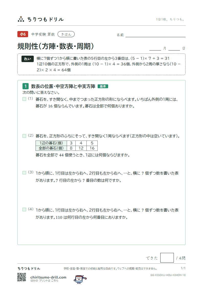 規則性(方陣・数表・周期) きほん その10の見本
