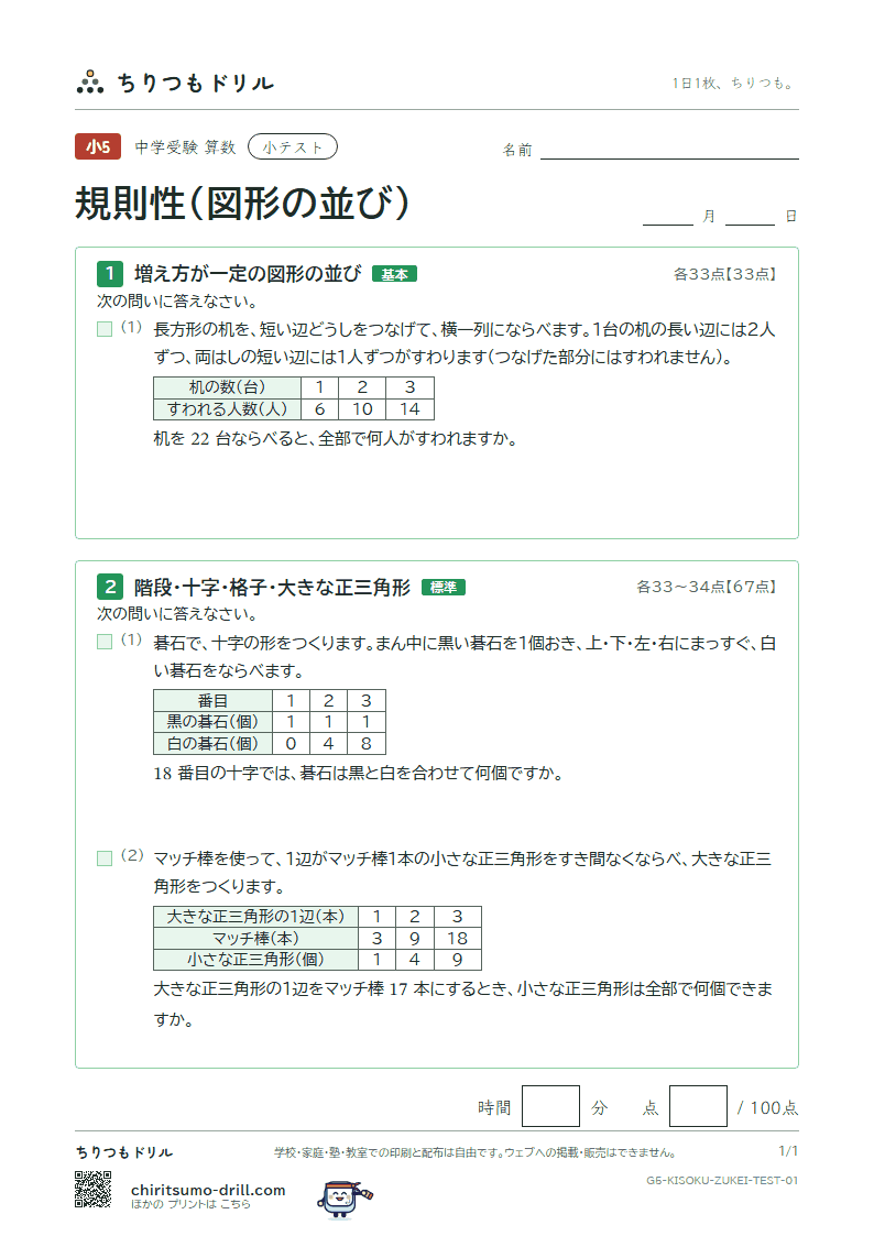 規則性(図形の並び) 小テスト その1の見本