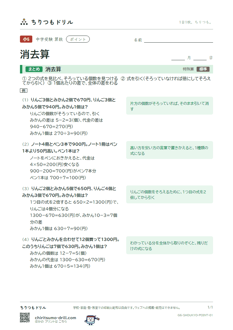 消去算 ポイントの見本