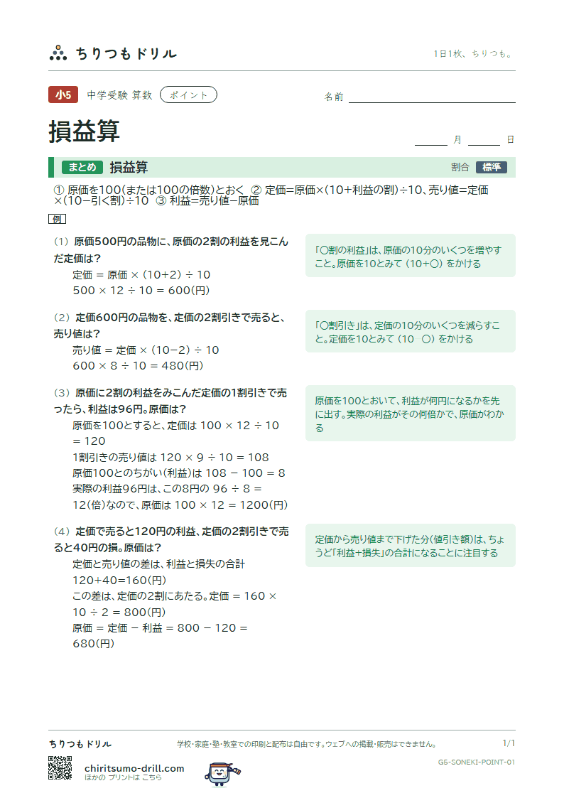 損益算 ポイントの見本