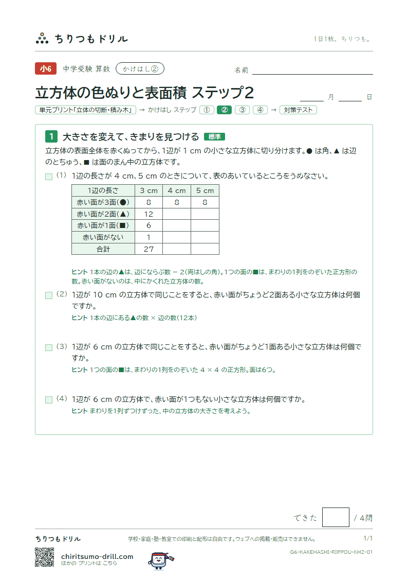 かけはし 立方体の色ぬりと表面積(ステップ2)の見本