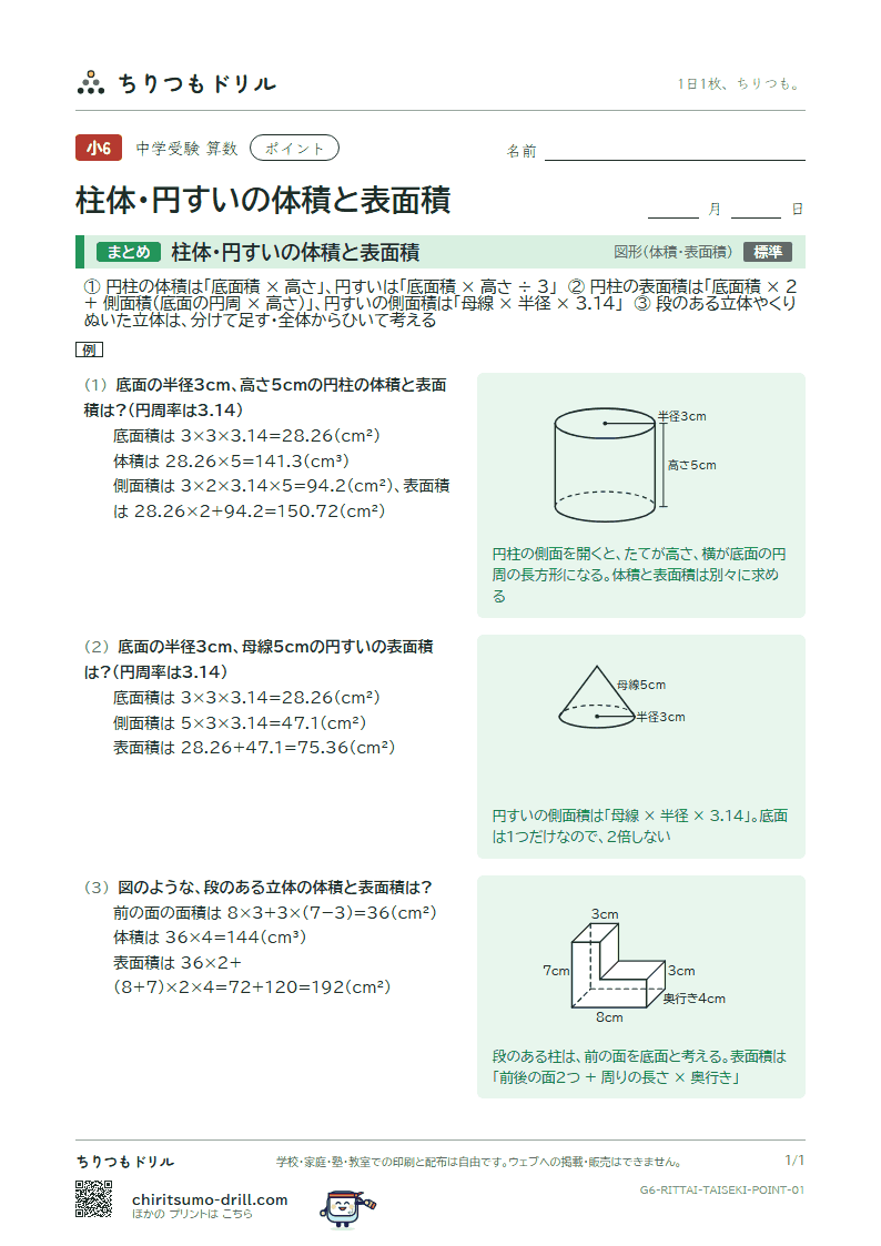 柱体・円すいの体積と表面積 ポイントの見本