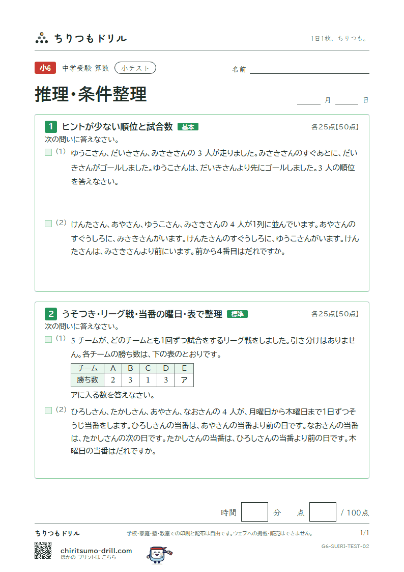 推理・条件整理 小テスト その2の見本