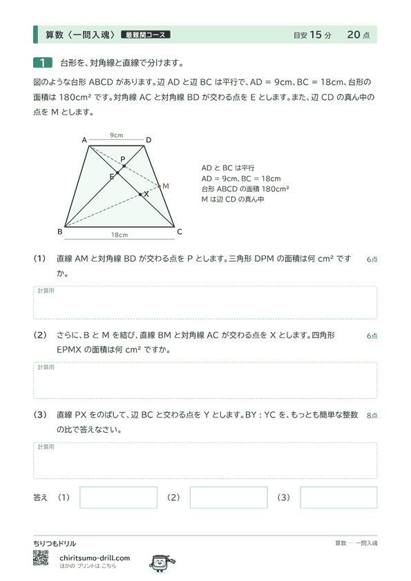 台形と面積比・線分の比の問題(見本)
