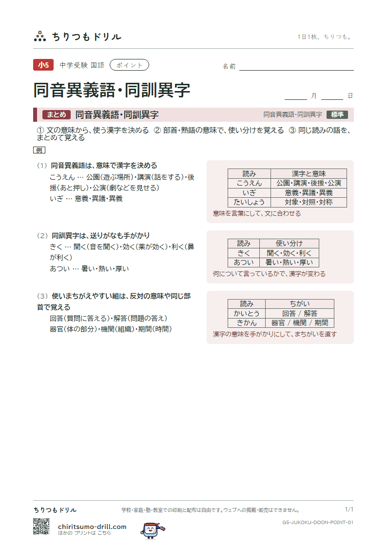 同音異義語・同訓異字 ポイントの見本