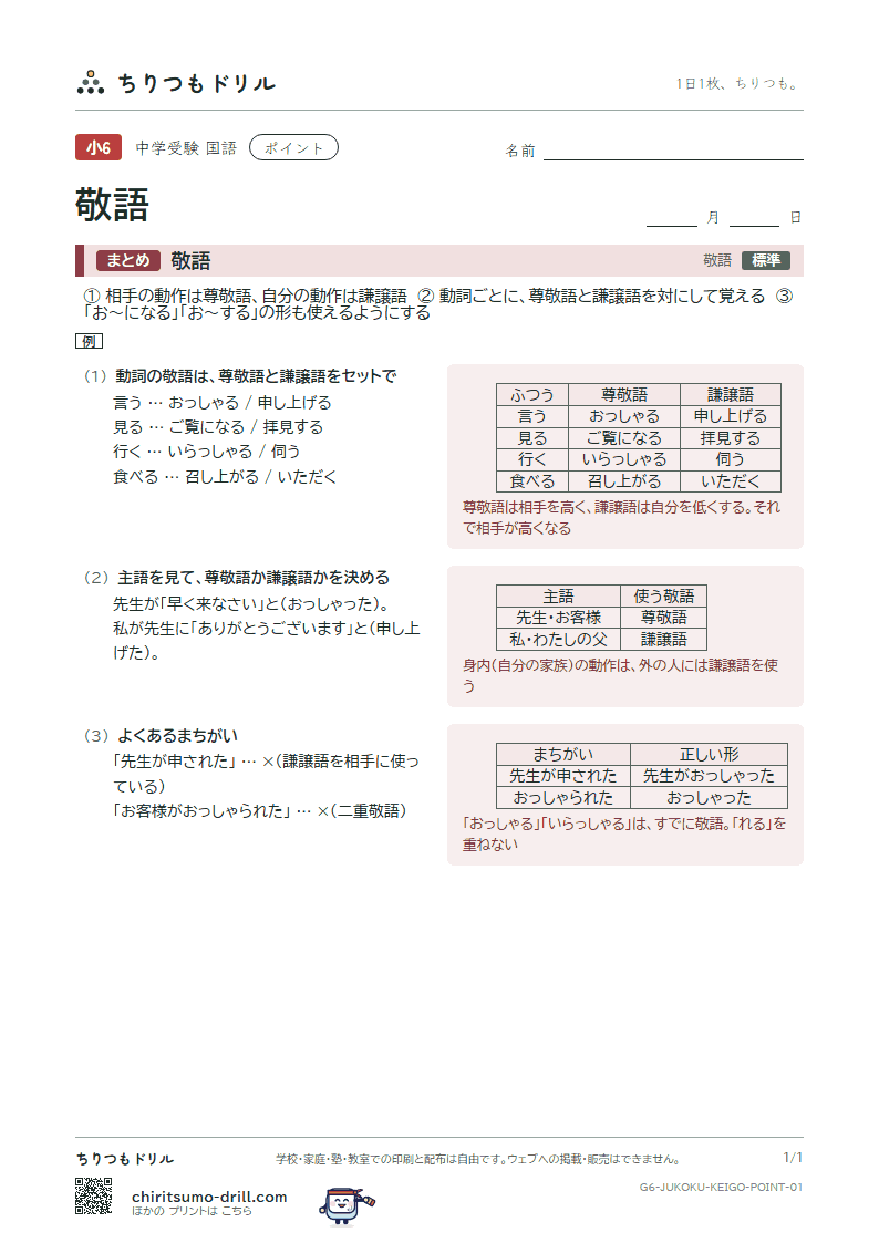 敬語 ポイントの見本
