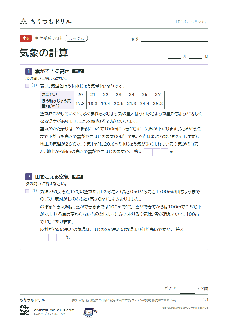 気象の計算 はってん その5の見本
