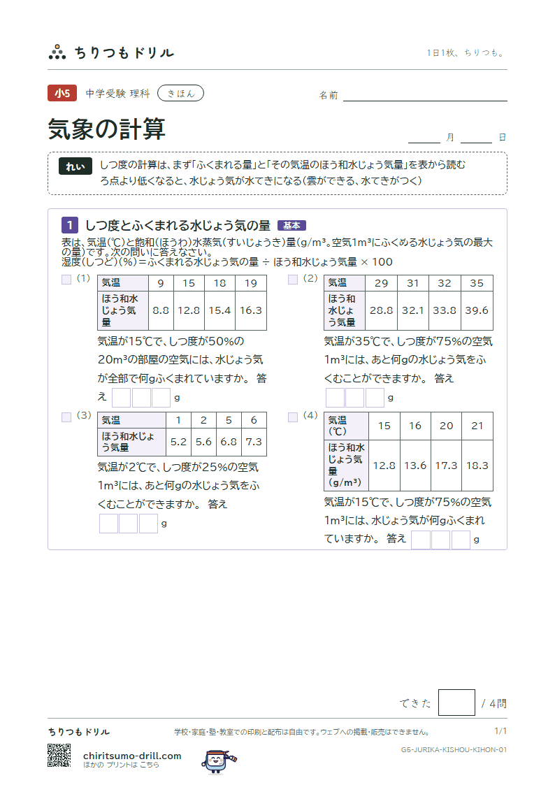 気象の計算 きほん その1の見本