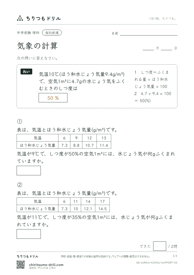 気象の計算 大きな枠つき その3の見本