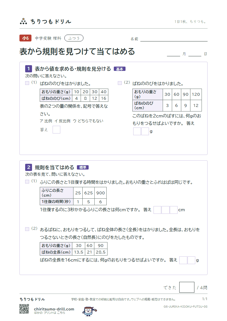 表から規則を見つけて当てはめる ふつう その8の見本