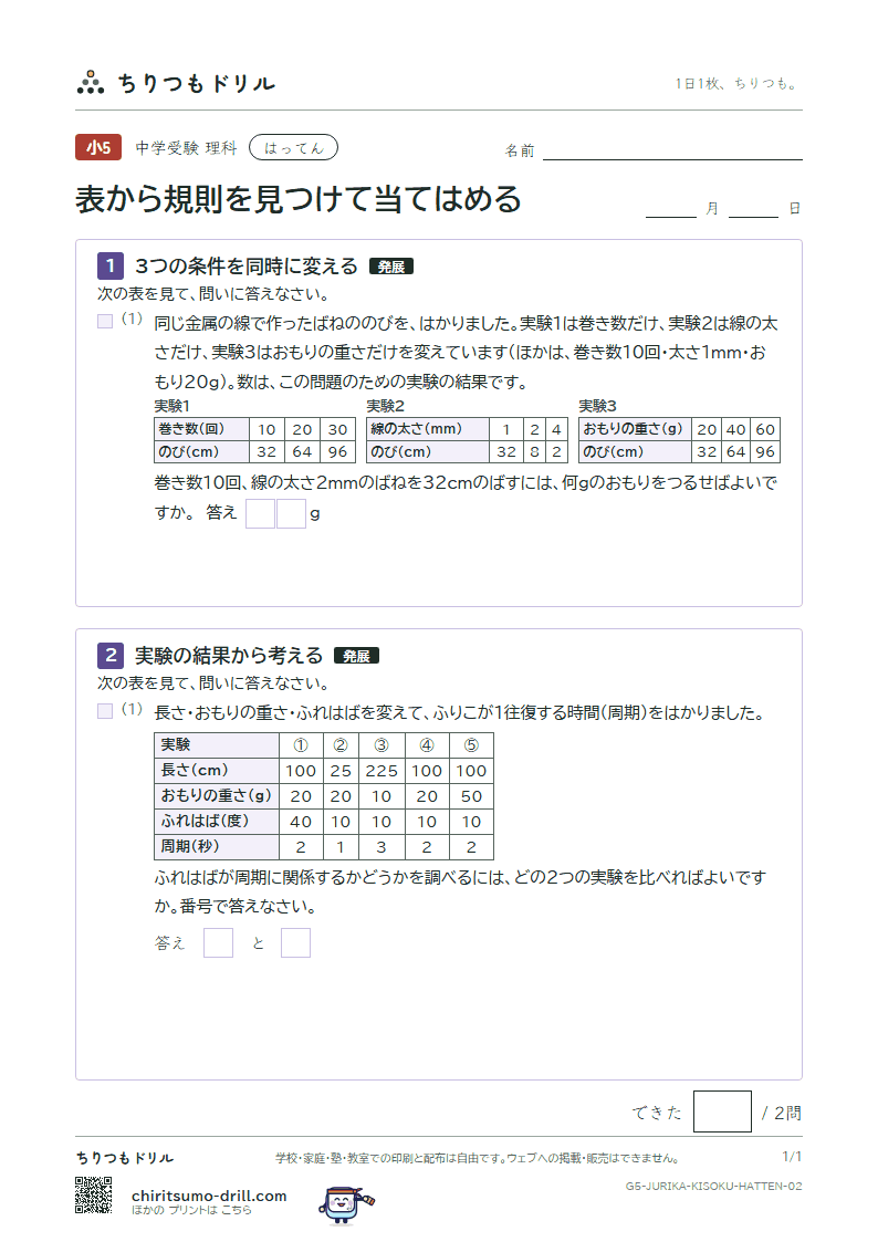 表から規則を見つけて当てはめる はってん その2の見本
