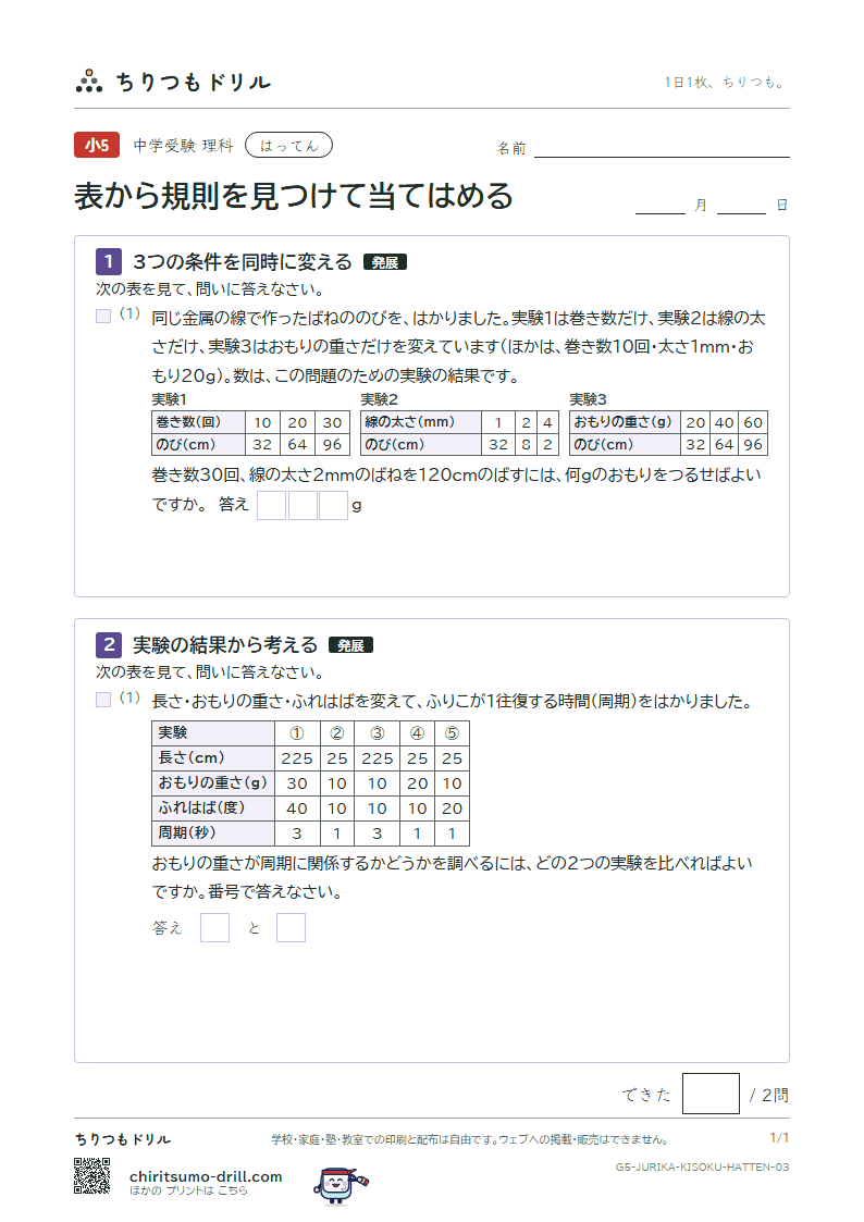 表から規則を見つけて当てはめる はってん その3の見本