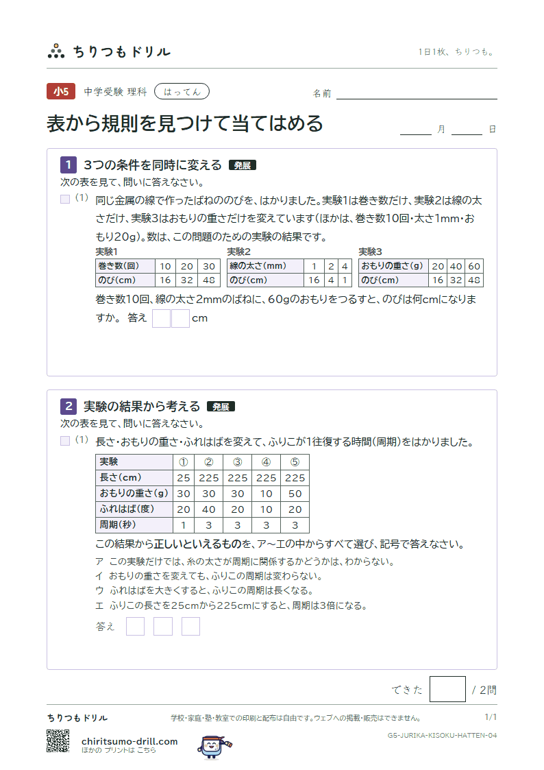表から規則を見つけて当てはめる はってん その4の見本
