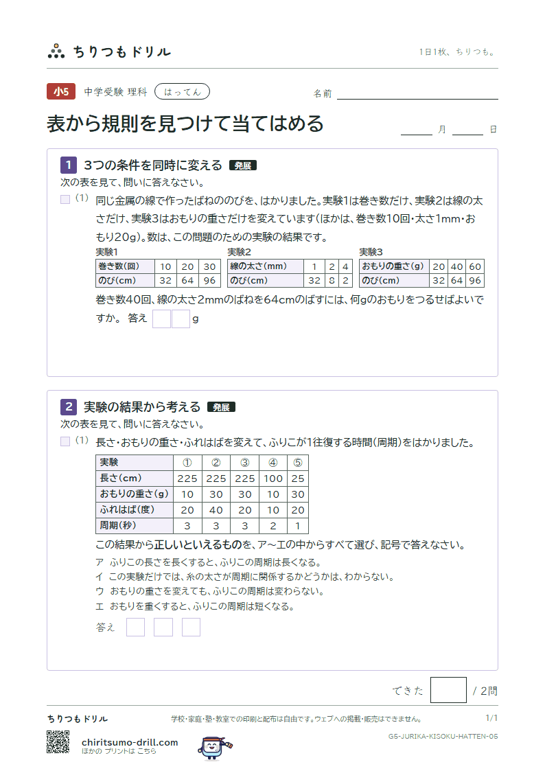 表から規則を見つけて当てはめる はってん その5の見本