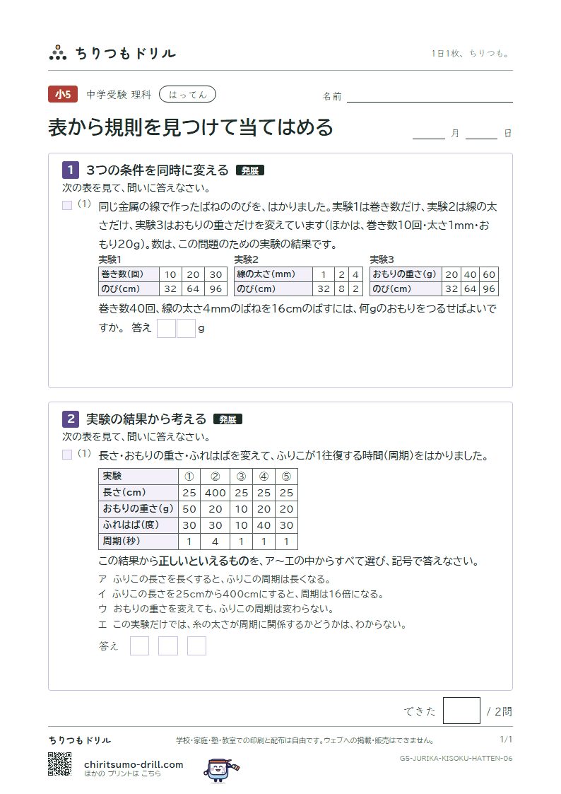 表から規則を見つけて当てはめる はってん その6の見本