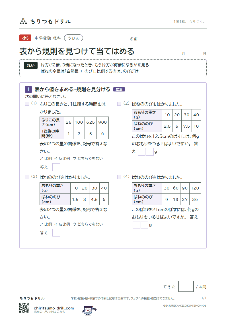 表から規則を見つけて当てはめる きほん その6の見本