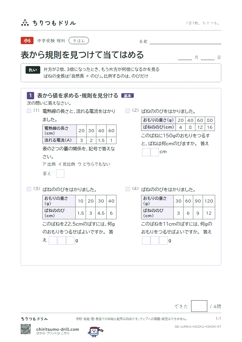 表から規則を見つけて当てはめる きほん その7の見本