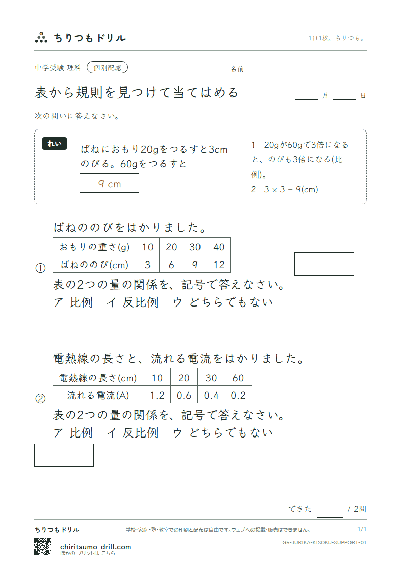 表から規則を見つけて当てはめる 大きな枠つき その1の見本