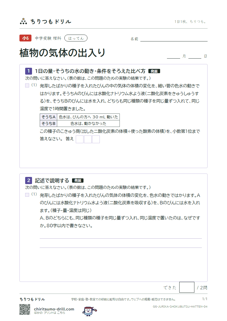 植物の気体の出入り はってん その4の見本