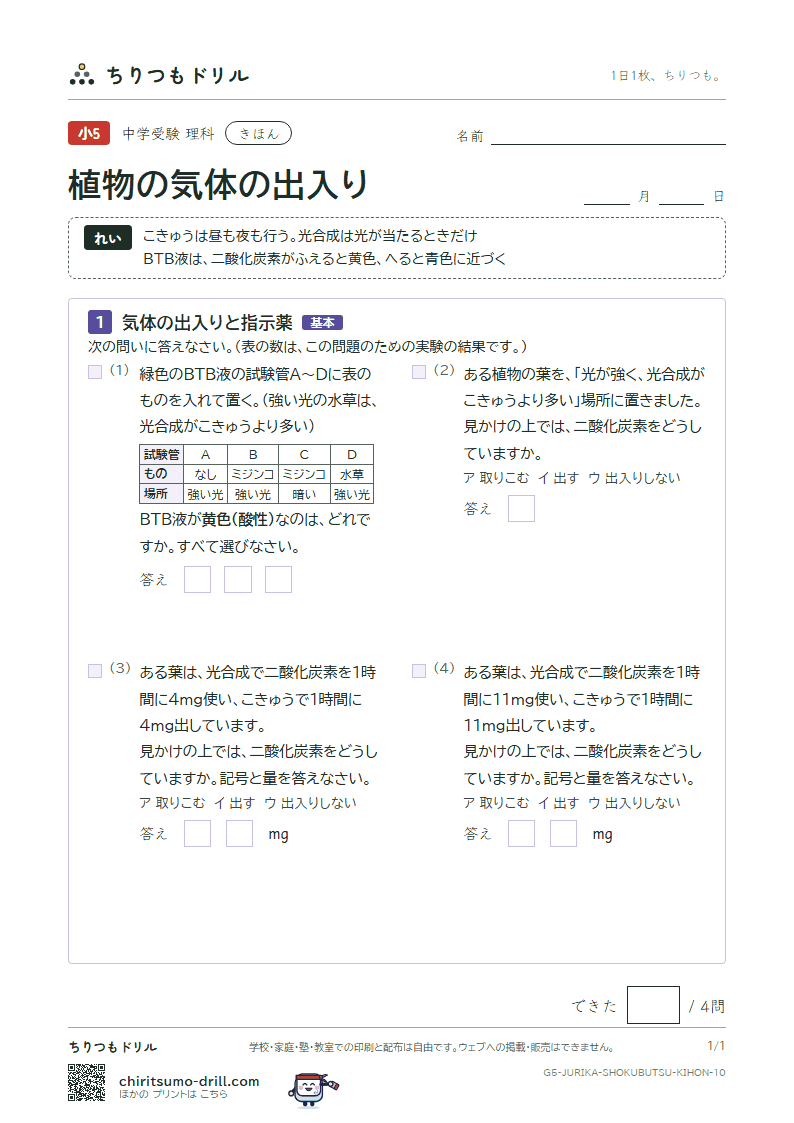 植物の気体の出入り きほん その10の見本