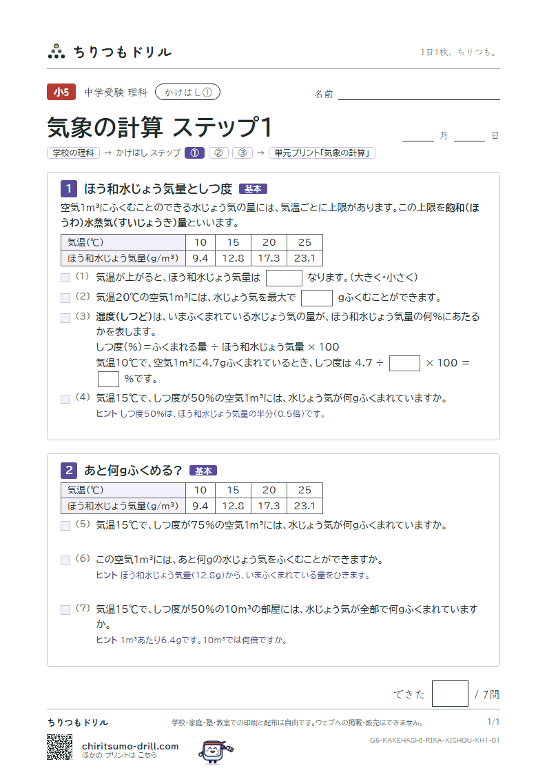 かけはし 気象の計算(ステップ1)の見本