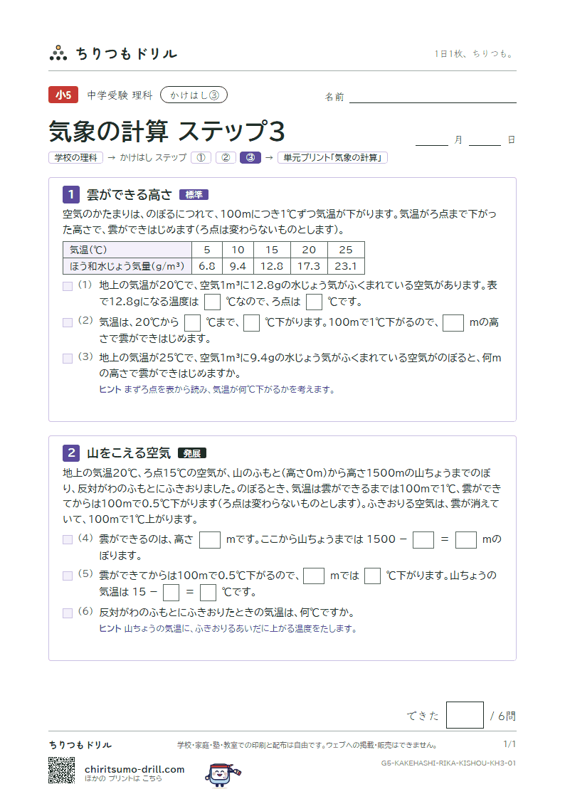 かけはし 気象の計算(ステップ3)の見本