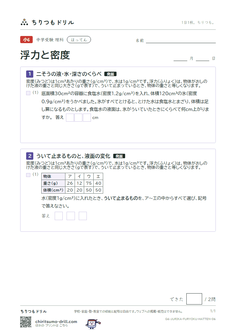 浮力と密度 はってん その6の見本