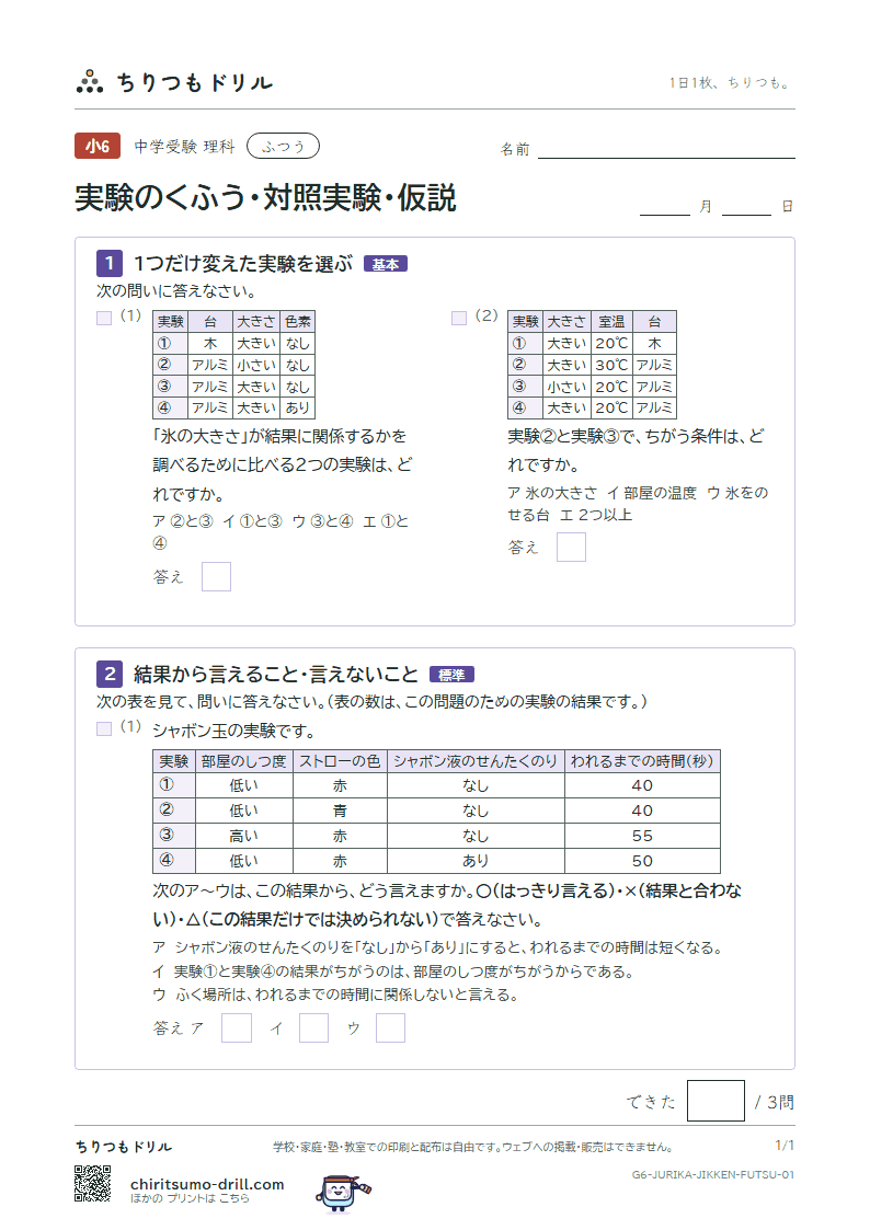 実験のくふう・対照実験・仮説 ふつう その1の見本