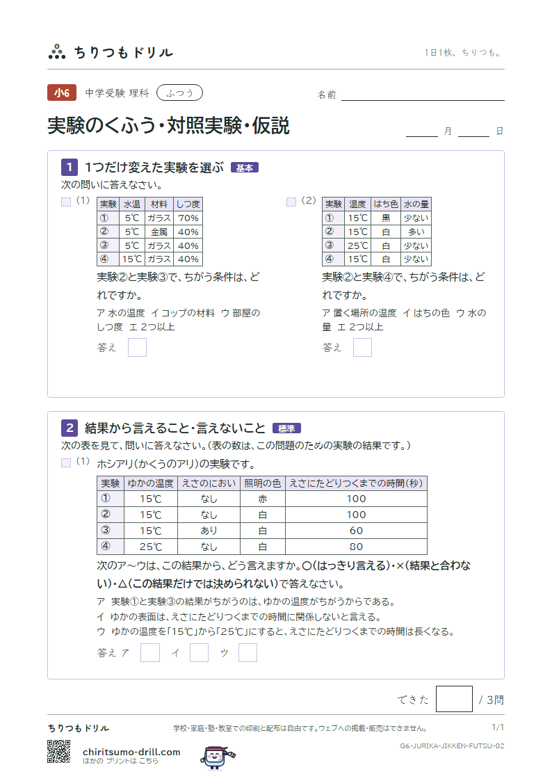 実験のくふう・対照実験・仮説 ふつう その2の見本