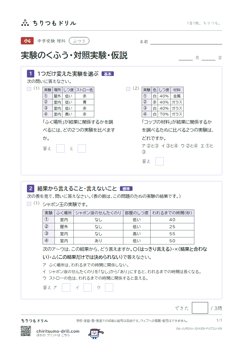 実験のくふう・対照実験・仮説 ふつう その5の見本